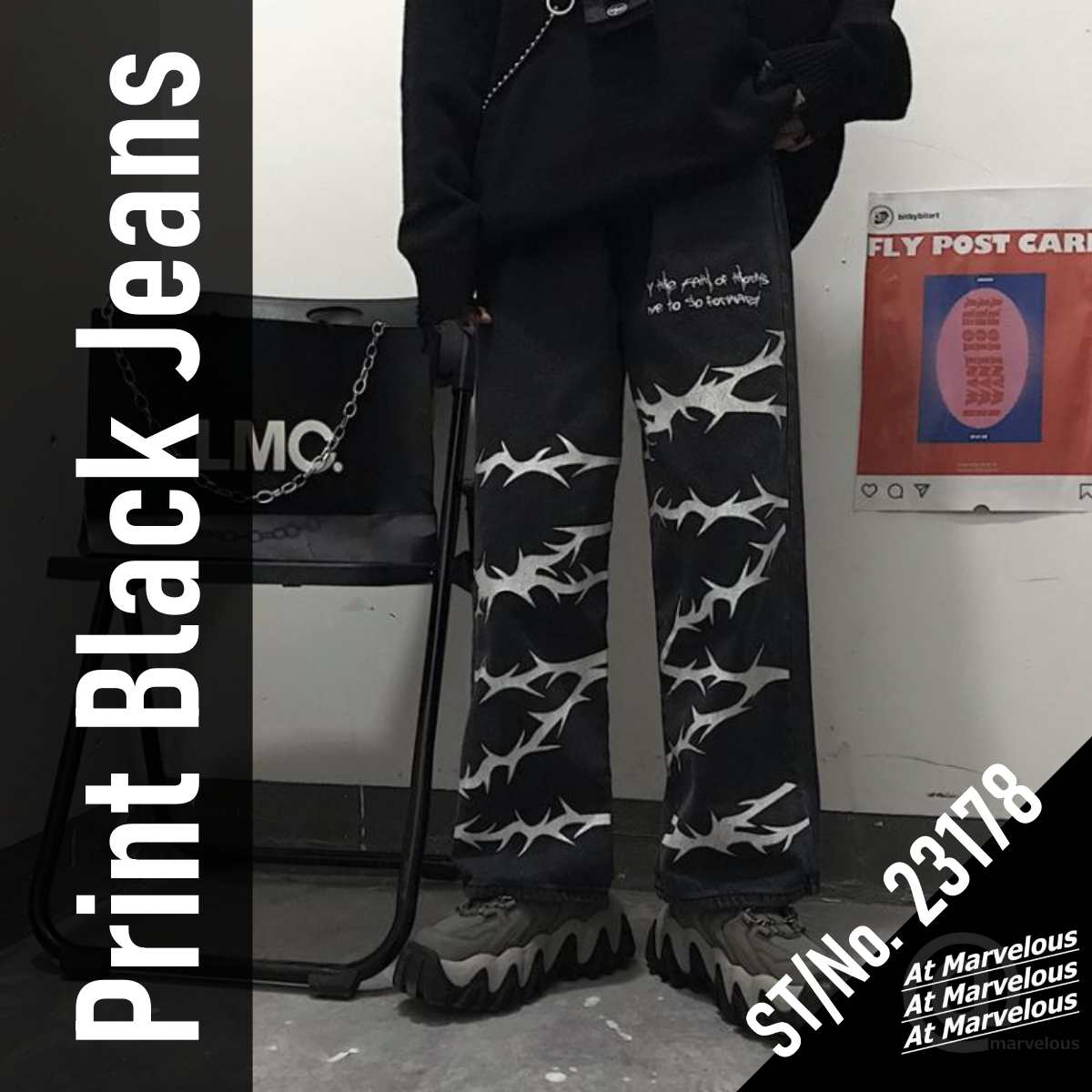 Pants / 有刺鉄線プリントデニムパンツ ST/No.23178